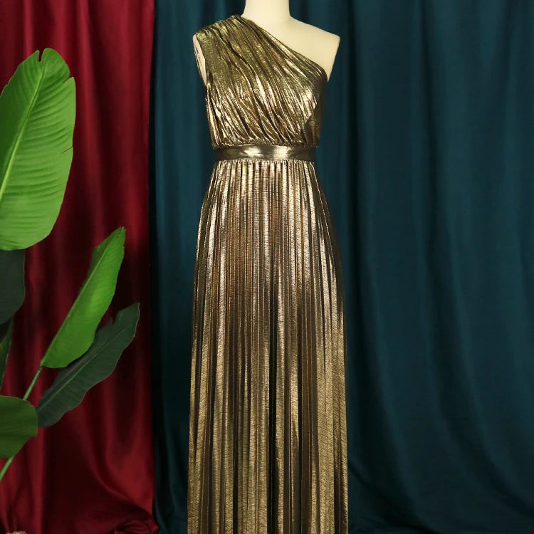 Elegant Women Even Dresses Luxury Maxi Long Metallic Pleated Dress One Shoulder Sleeveless Premium Shiny Shimmer Gowns Big Size