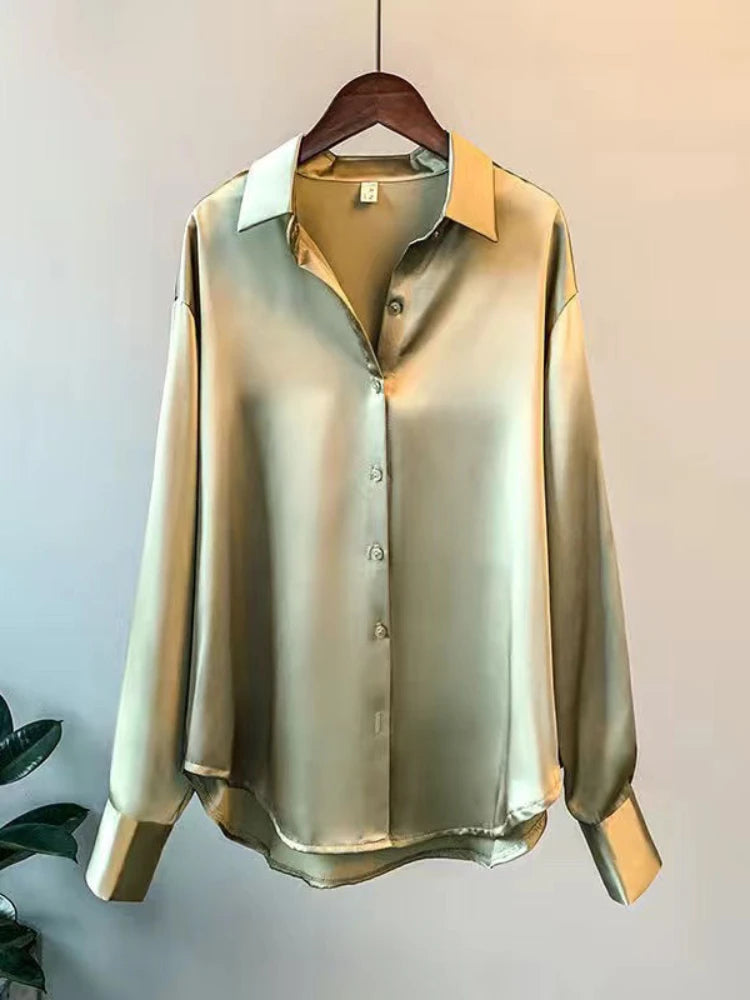 Casual Office Lady Silk Blouses Autumn Long Sleeve Button Up Shirt Women Elegant Winter Tops Office Lady Acetate Blouse Mercerized Green