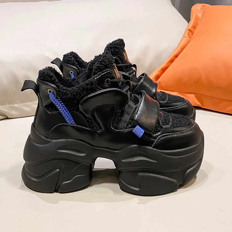 Winter Women Platform Warm Sneakers Leather Casual Trainers Chunky Shoes 8CM Heels Autumn Wedges Height Increasing Sports Shoes