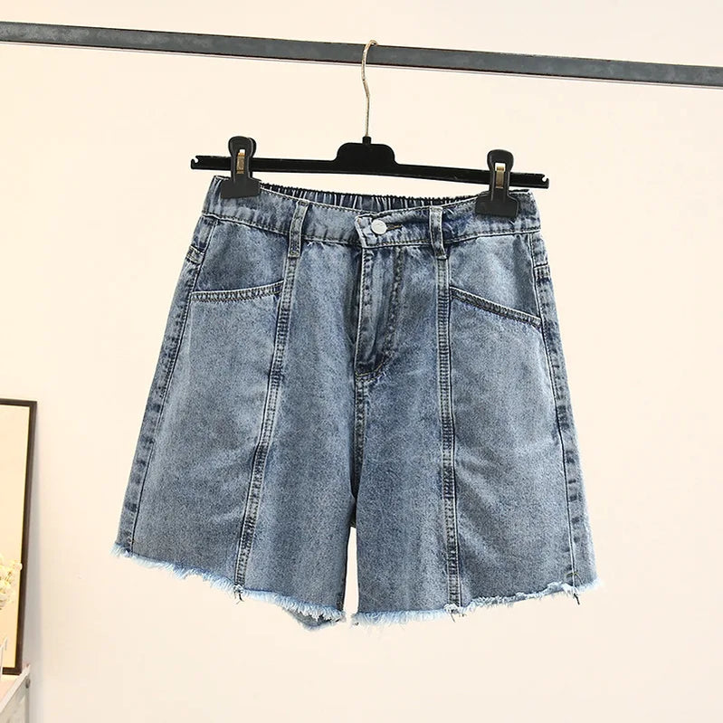 Plus Size Women Denim Shorts 2023 Summer Fashion Straight Jeans Loose Hot Pants Oversized Curve Clothes J4-1048 Blue