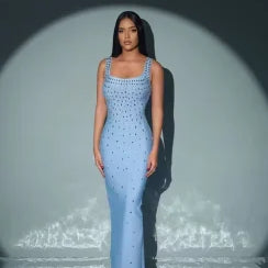 Vestido longo feminino, preto, azul-celeste, sem mangas, sexy, gola redonda, brilhante, com cristais, colado, bandagem, roupa para festa e boate