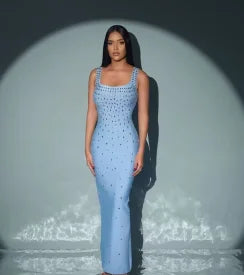 Vestido longo feminino, preto, azul-celeste, sem mangas, sexy, gola redonda, brilhante, com cristais, colado, bandagem, roupa para festa e boate