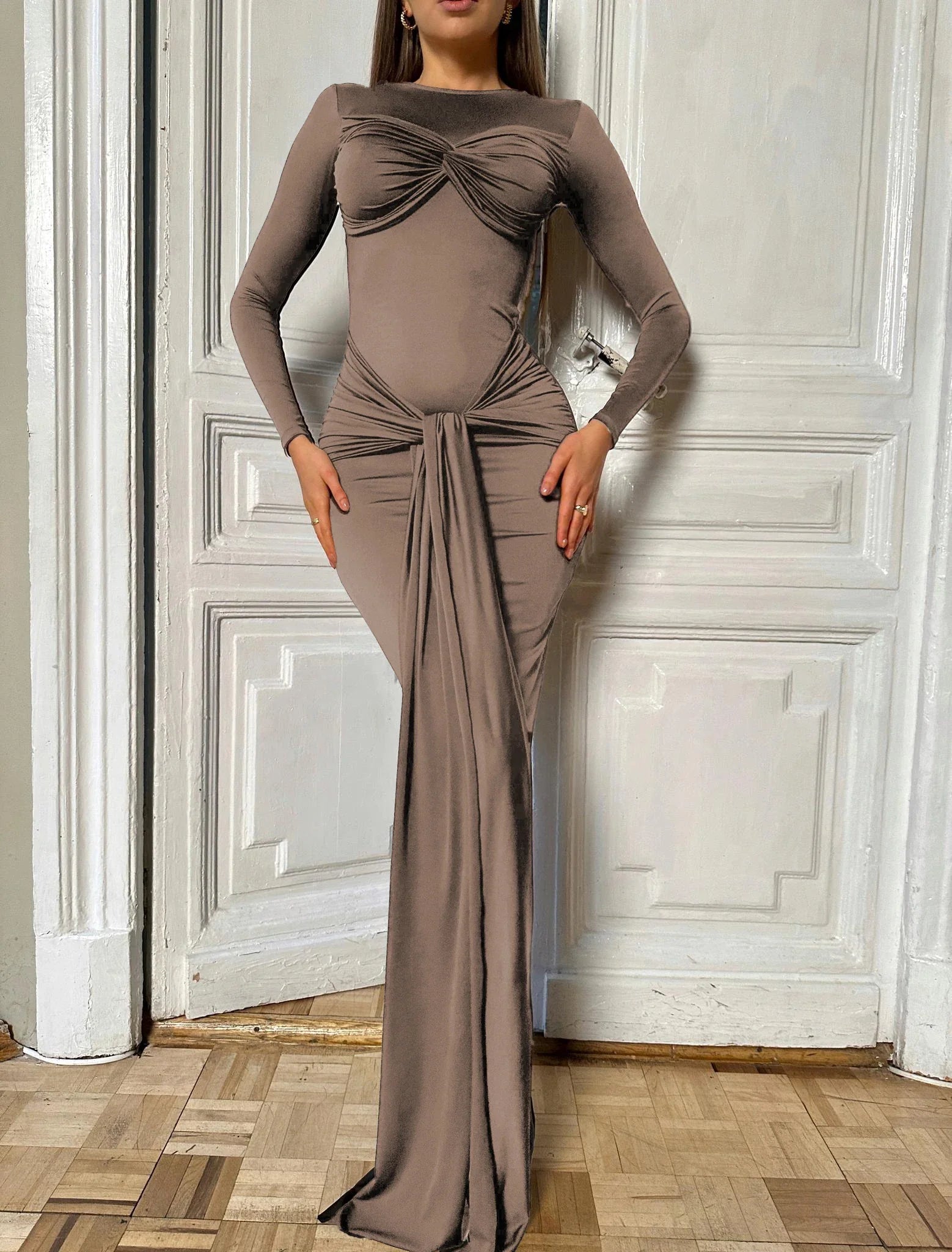 Women Celebrity Sexy O Neck Long Sleeve Gray White Maxi Long Gowns Dress  Elegant Evening Party Club Vestido