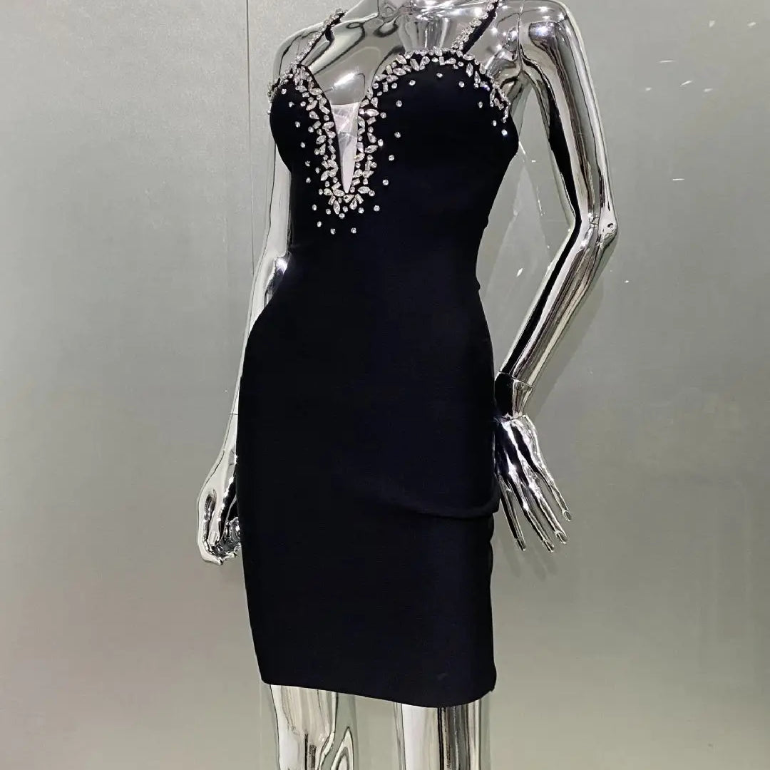 2025 Luxury Sparkling Diamond Sexy Deep V-Neck Black Bandage Mini Dress Fashion Woman Evening Party Dress Birthday Party Outfit
