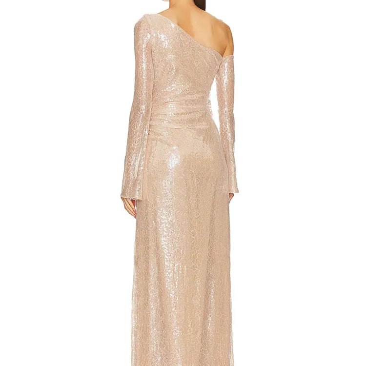 Chic Luxury Women Celebrity Sexy One Shoulder Beige Mesh Sequins Maxi Long Gowns Dress 2025 Elegant Evening Party Club Vestido
