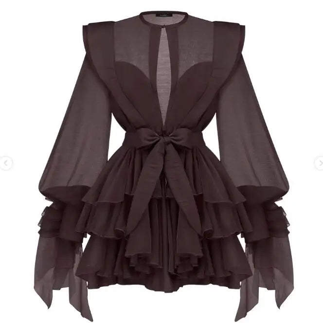 TWOTWINSTYLE Slimming Spliced Ruffles Folds Dresses for Women Round Neck Long Sleeves Patchwork Button Dress Female Fashion New