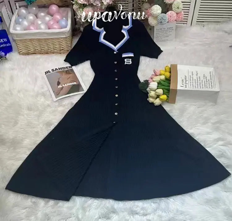 Elegant Women's Slim Fit Knitted Dress Fashionable Polo Neck Short Sleeve Single breasted Design Split Knitted Mid length Dress