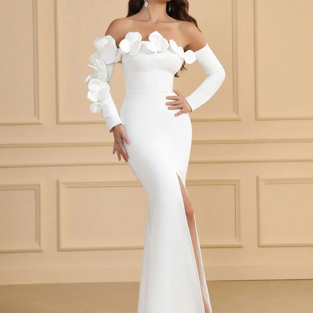 2025 Spring Sexy Women's 3D Flower Bandage Dress with One Collar Long Sleeve Bodycon Bareback Long Split Dresses Party Vestidos