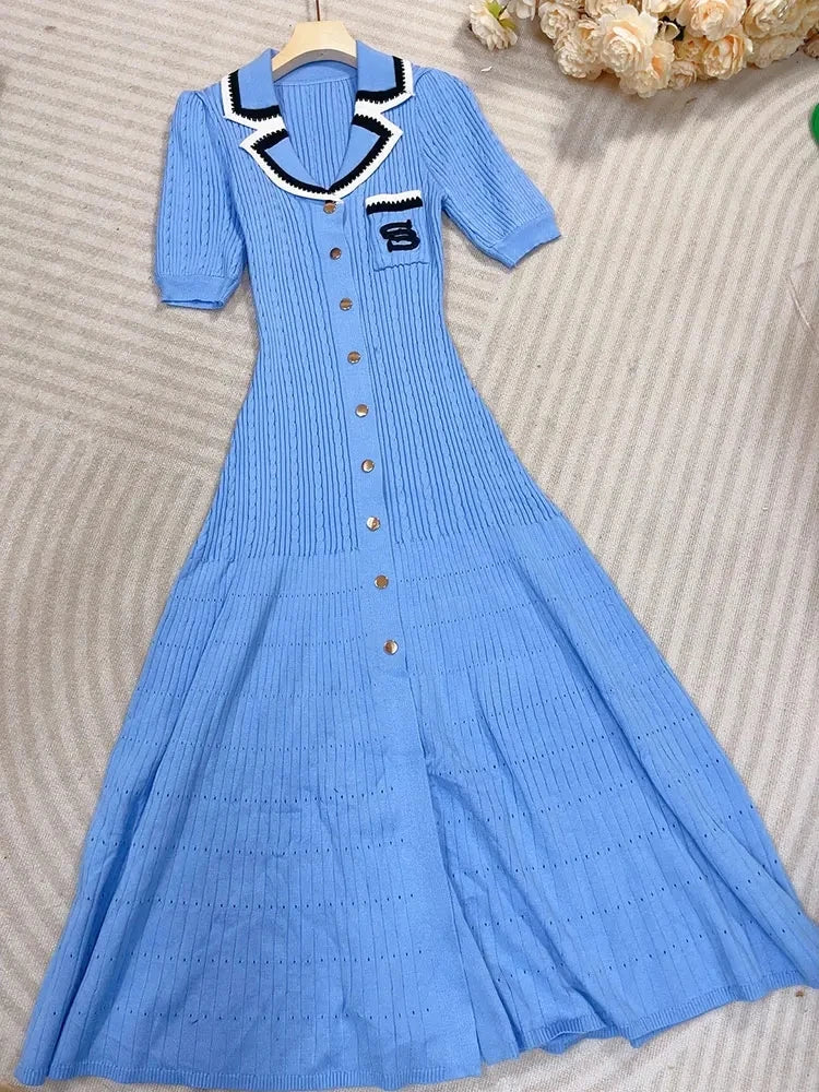 Elegant Women's Slim Fit Knitted Dress Fashionable Polo Neck Short Sleeve Single breasted Design Split Knitted Mid length Dress