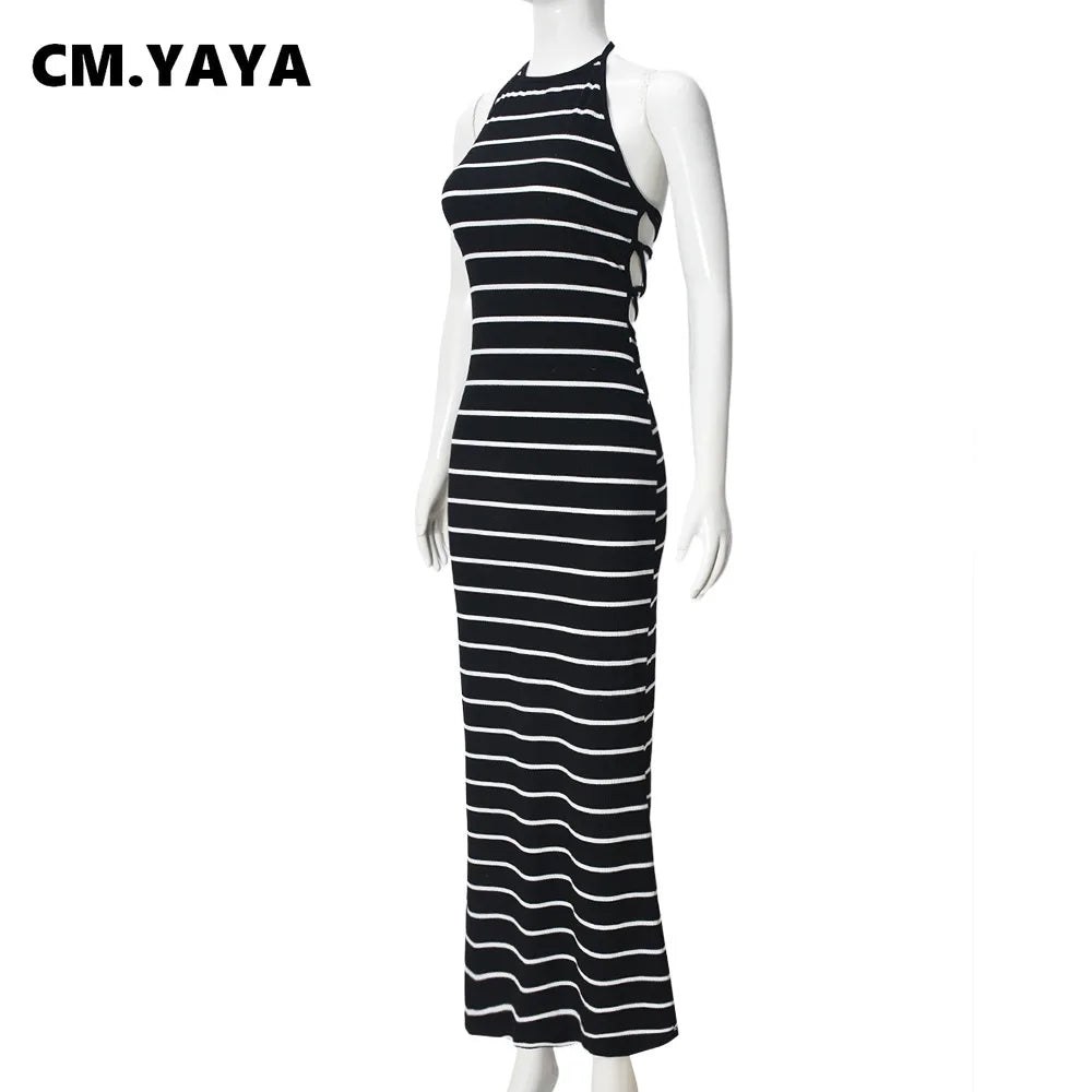 CM.YAYA Women Sleeveless O-neck Halter Backless Long Dress Summer Striped Print Evening Sexy Night Club Party Dresses Vestidos