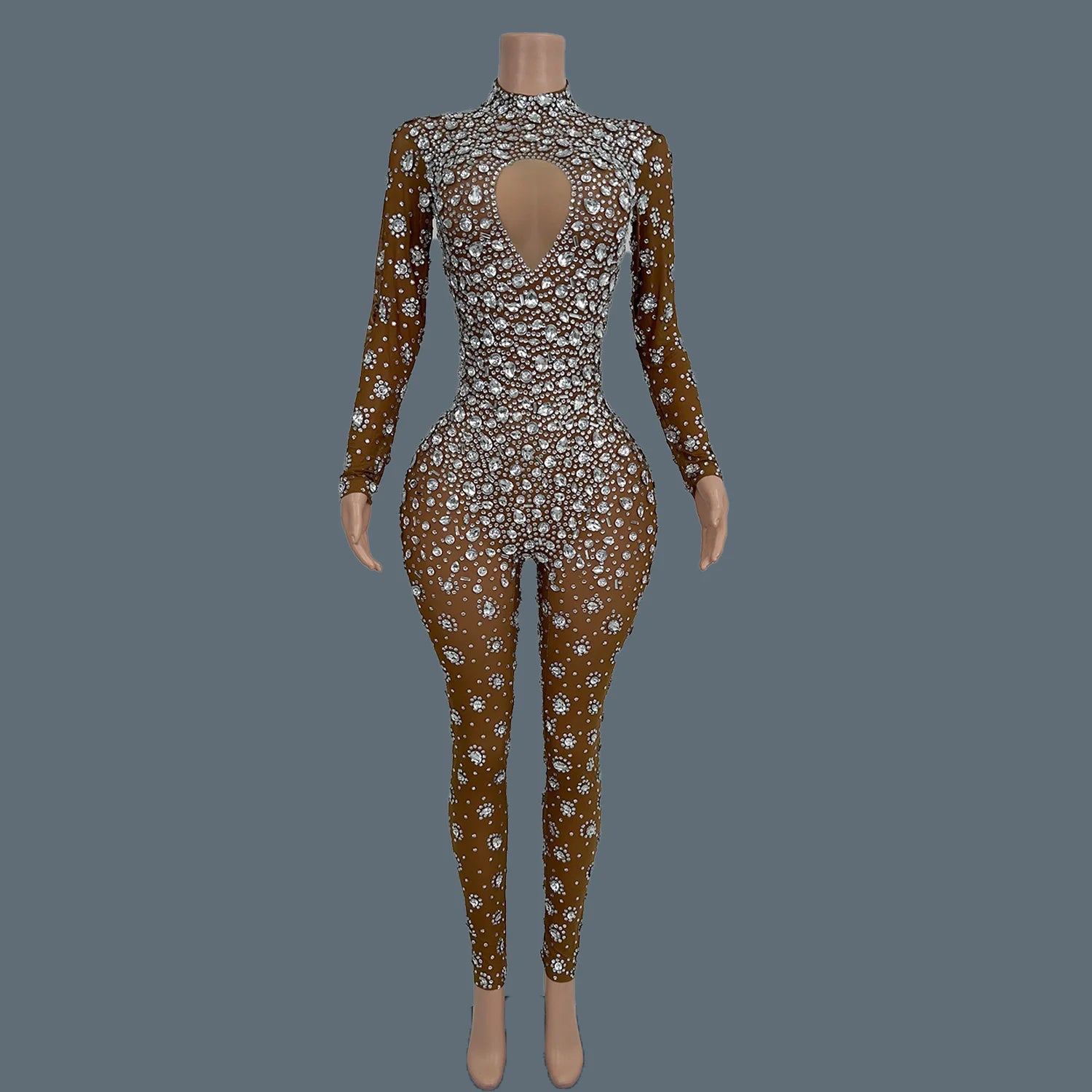 Sparkly Rhinestone See Through Mesh Tight Fitting Jumpsuit Women Night Party Outfit Female Singer Stage Performance Wear Cuican