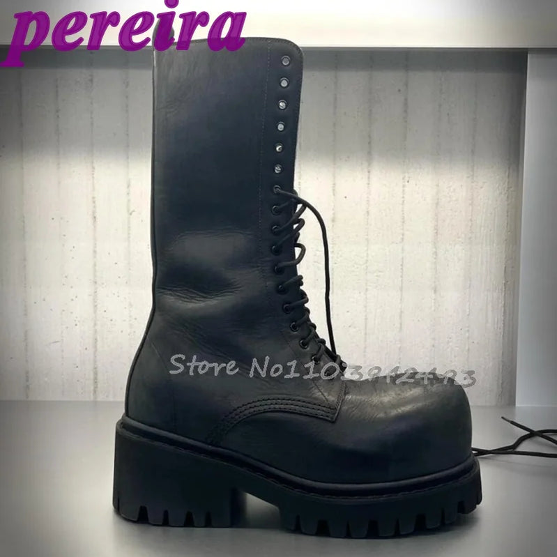 Lace Up Boots Big Round Toe Botas Women Man Luxury Designer Shoes Autumn Winter Booties 2025 Zapatos De Mujer Solid Sarpe New