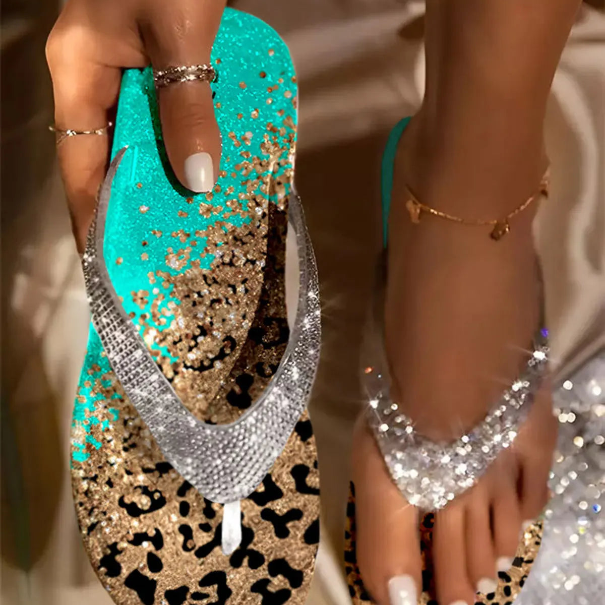 Women Leopard Rhinestone Flat Flip Flops Slippers Summer Outdoor Fashion Bling Shoes Summer Beach Flip Flops Sandalias green