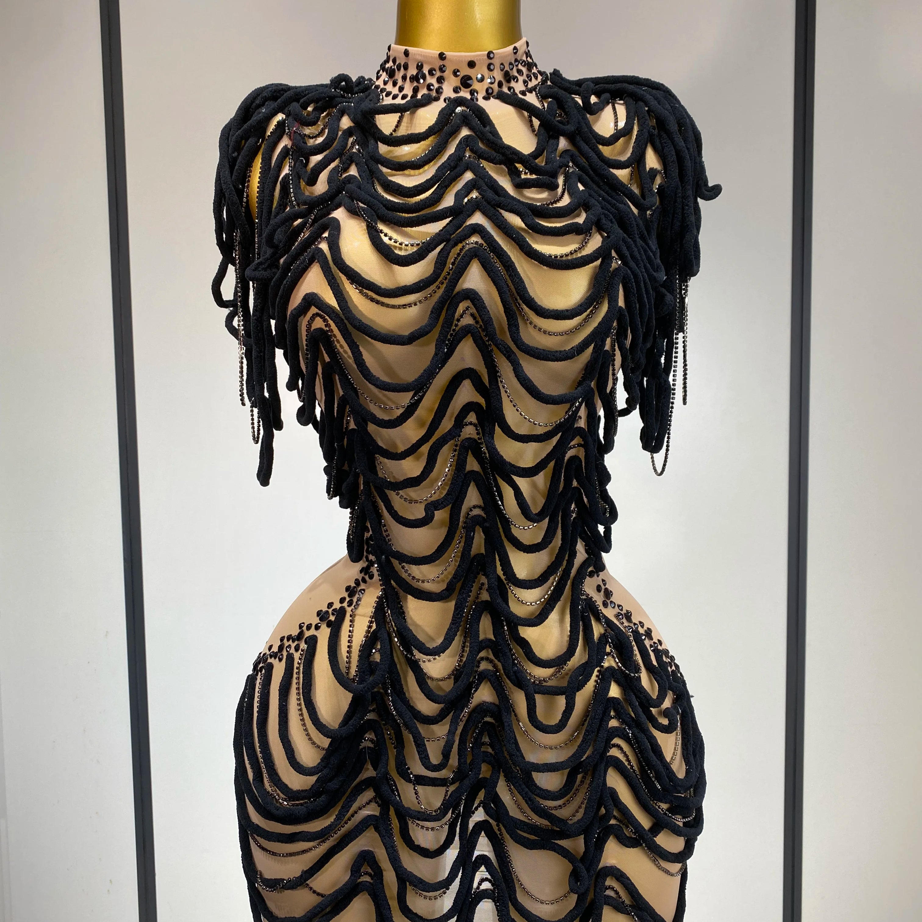 Women Sexy Mesh See Through Designer Rhinestones Chain Stage Performance Costume Nightclub Celebrate Party Luxury Birthday Dress