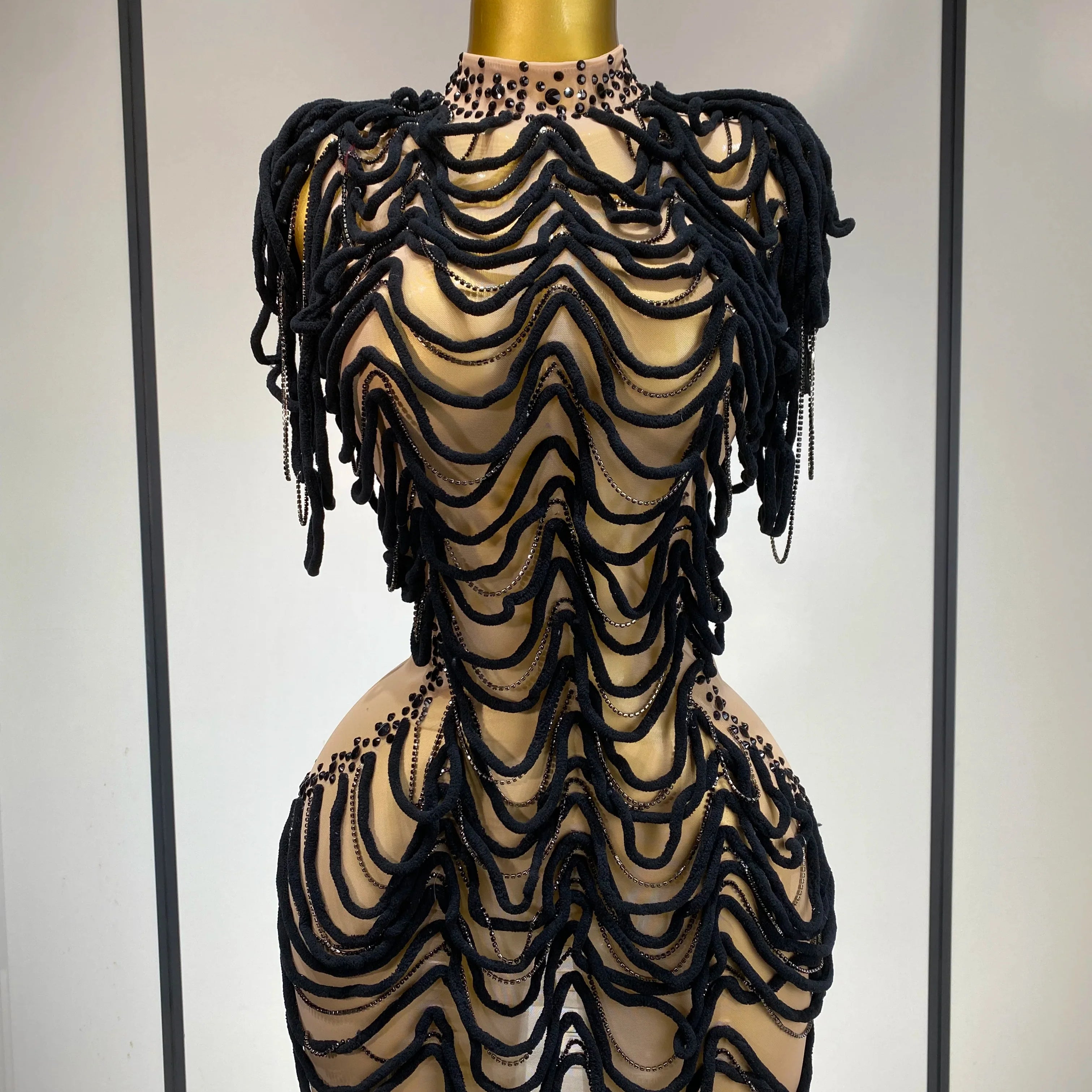 Women Sexy Mesh See Through Sparkly Rhinestones Chain Stage Costume Nightclub Celebrate Evening Party Performance Outfit