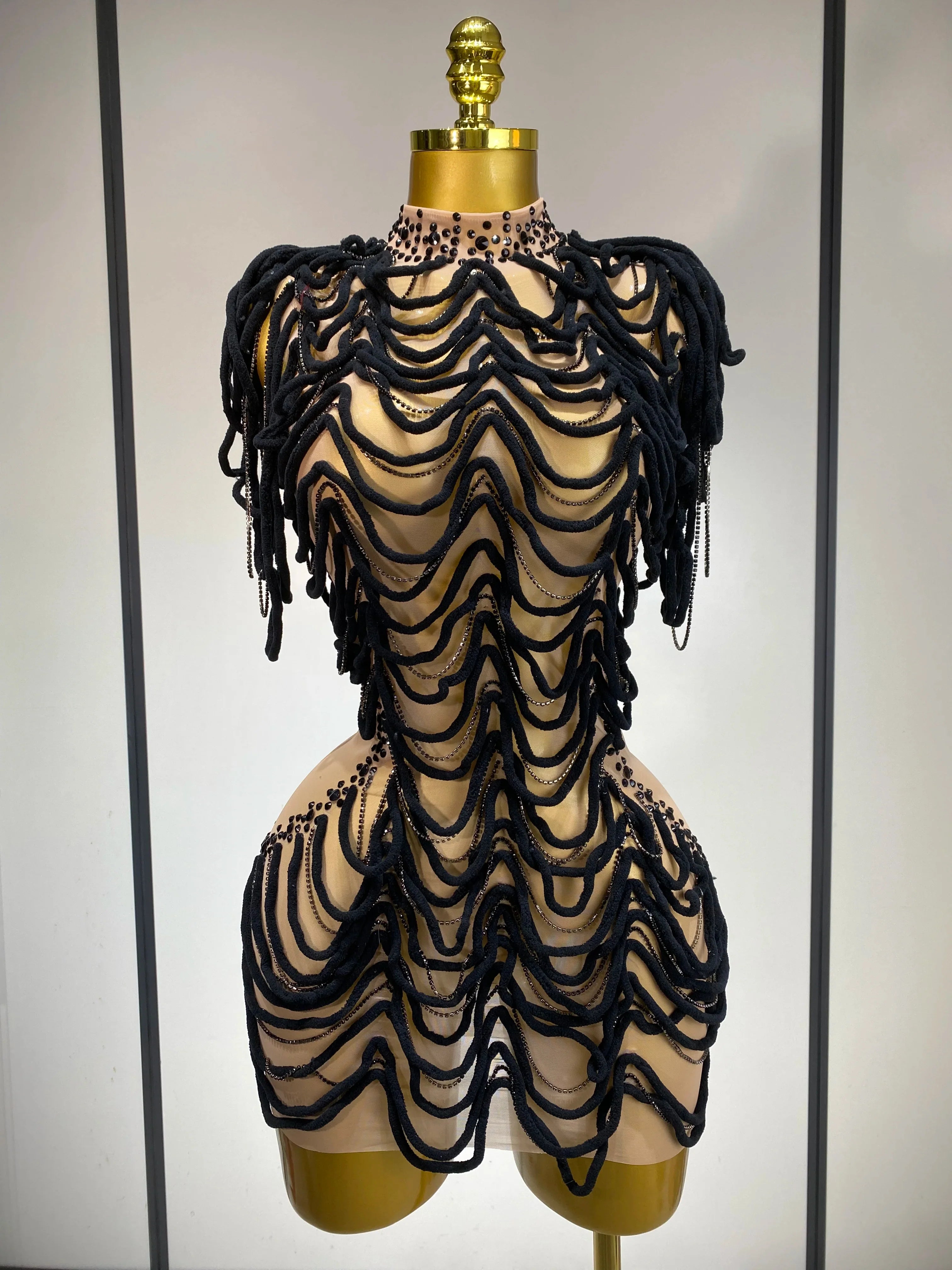 Women Sexy Mesh See Through Sparkly Rhinestones Chain Stage Costume Nightclub Celebrate Evening Party Performance Outfit