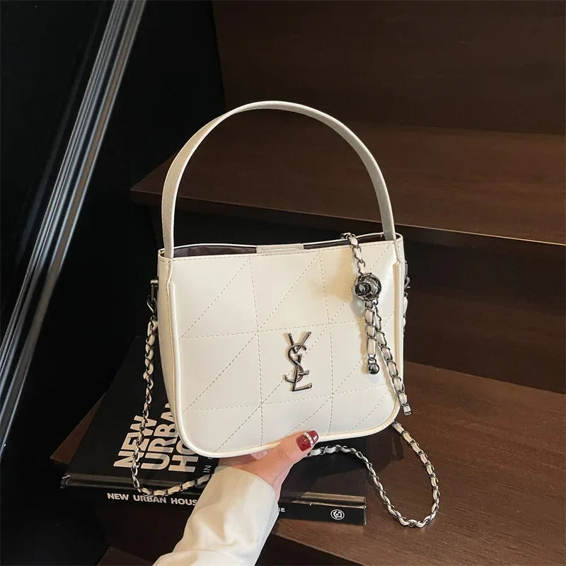 Quilted Leather Crossbody Bag - 90s Vintage Shoulder Purse for Women, Designer Luxury Small Handbag with Chain