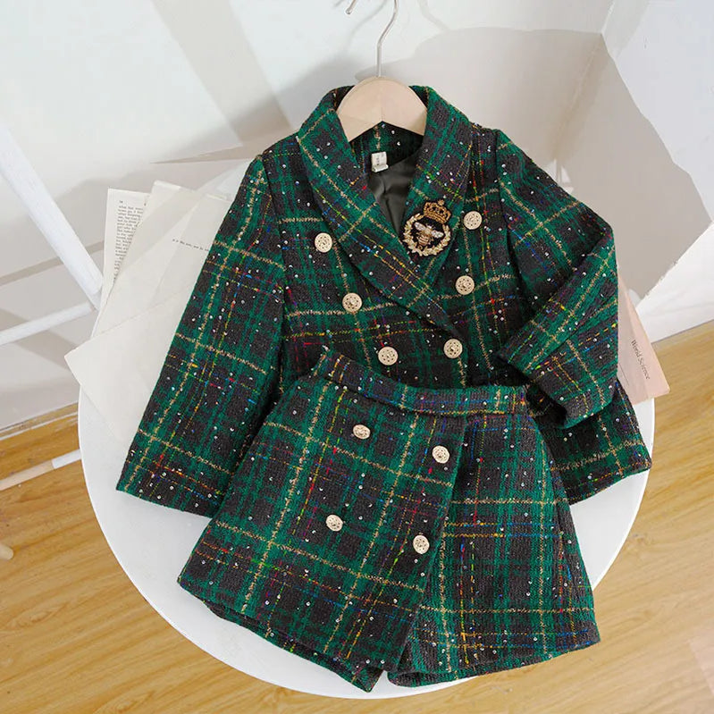 여자 클래식 새로운 유니폼 옷 세트 겨울 캐주얼 럭셔리 2pcs 세트 1-8 세 어린이 정장을위한 공주 재킷 치마 생일