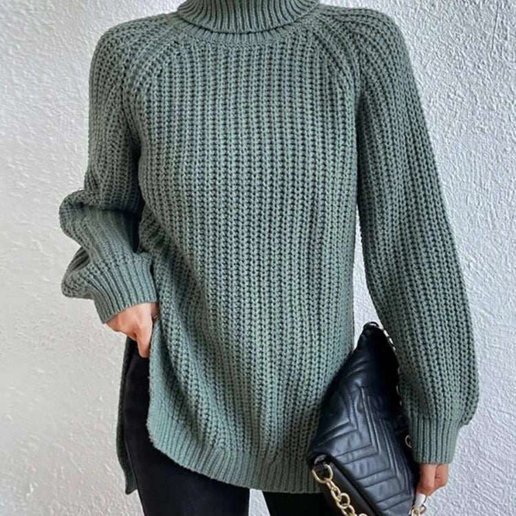 Women Winter Turtleneck Loose Sweater Elegant Drop Sleeve Side Split Pullover Vintage Harajuku Chic Jumpers Oversized knit Tops Light green