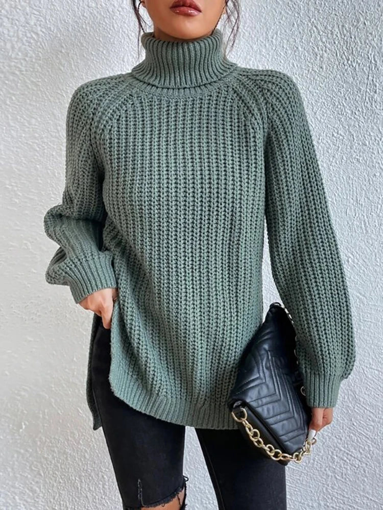 Women Winter Turtleneck Loose Sweater Elegant Drop Sleeve Side Split Pullover Vintage Harajuku Chic Jumpers Oversized knit Tops Light green