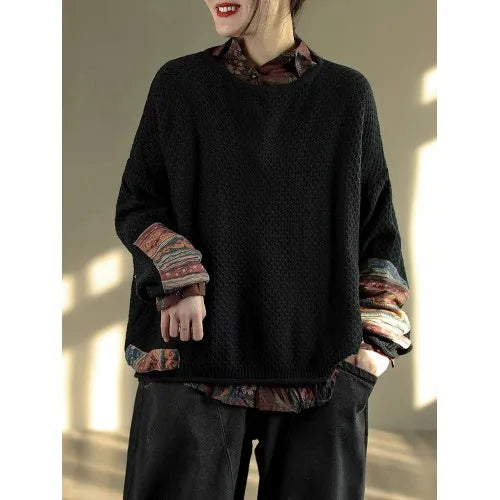 Vintage Print Patchwork Sweater Spring Fall Fashion Women's Loose Casual Long Sleeve Knitting Pullovers Female Elegance Knitwear Black One Size