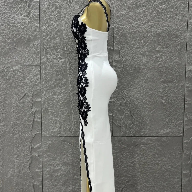 Top Quality Women Sexy One Shoulder Black Lace Bodycon Long Bandage Dress Fashion Celebrate Evening Party Birthday Outfit