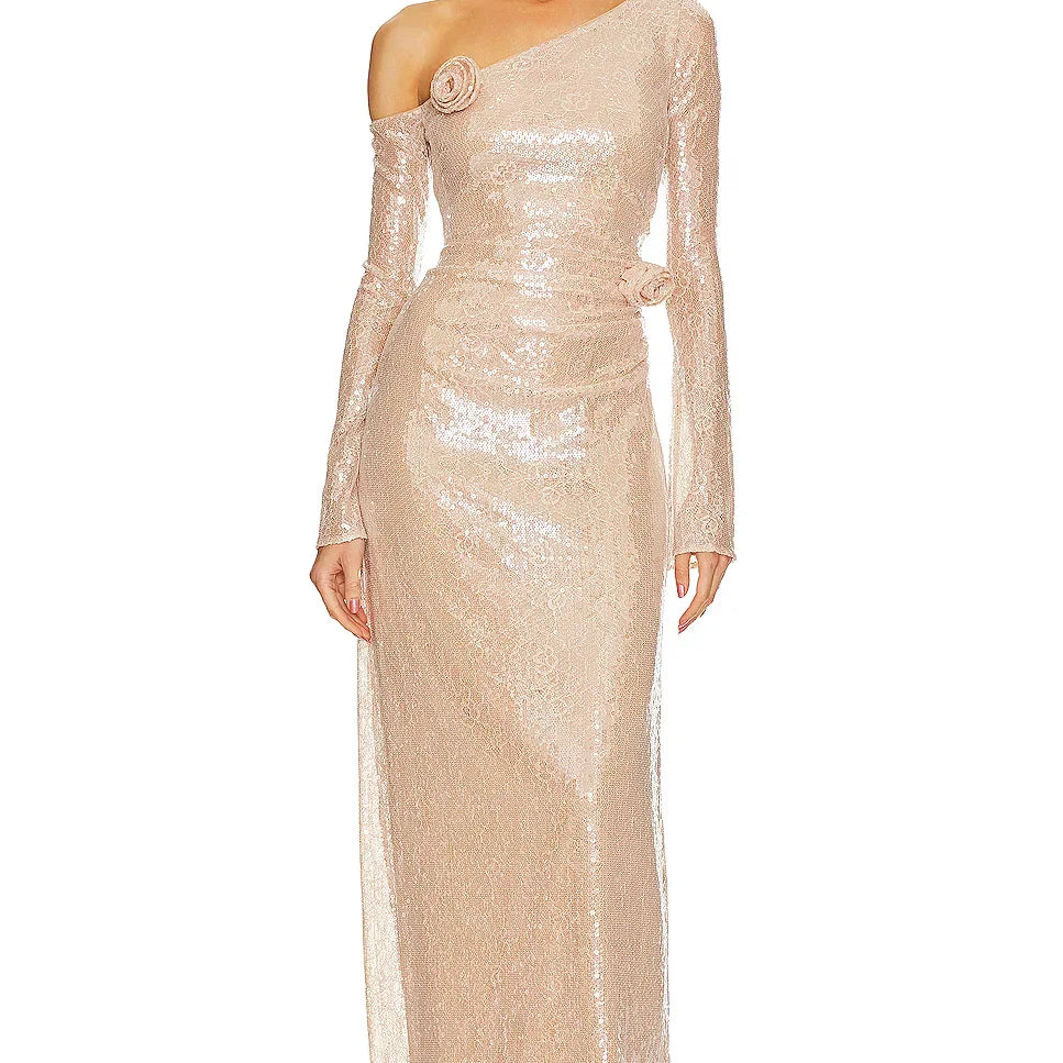 Shinning Sequins Women Long Sleeve Off the Shoulder Bodycon Long Maxi Dress Fashion Celebrate Birthday Party Outfit