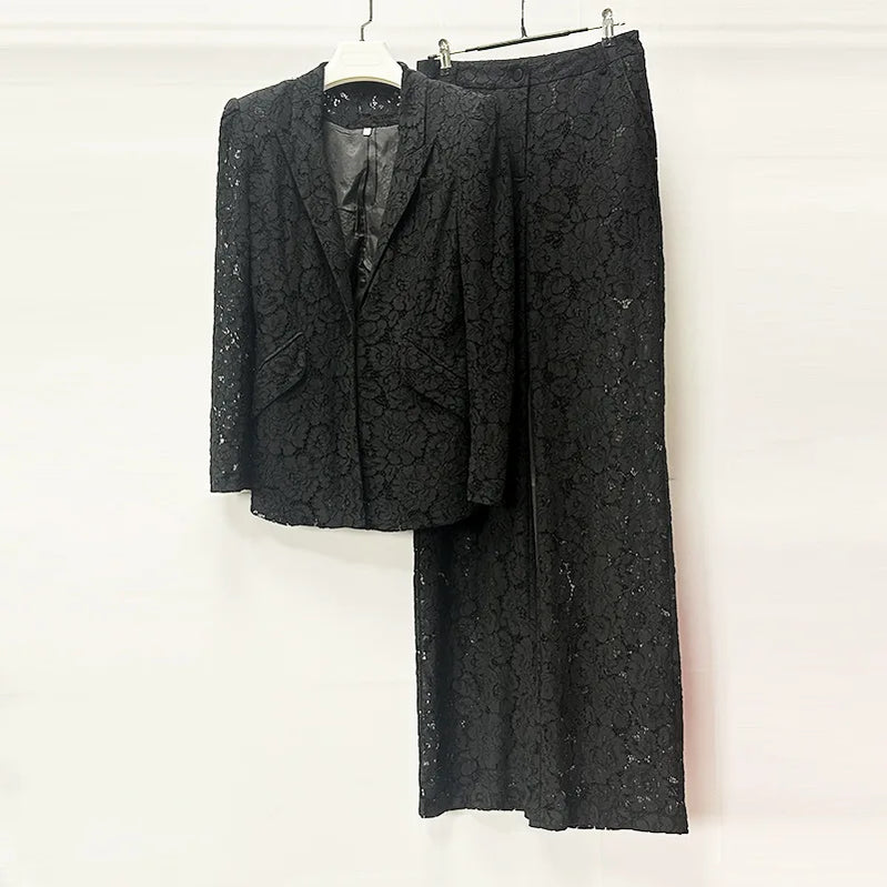 TWOTWINSTYLE Solid Sheer Spliced Lace Two Piece Sets for Women Lapel Long Sleeves Patchwork Button Top Pant Elegant Set Female