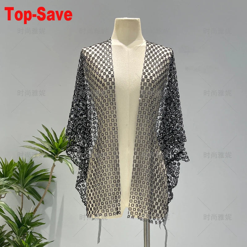 Women Dresses Fashion Diamonds Loose Hollow Cardigan Top Mesh Halloween Festival Cocktail Party Dress