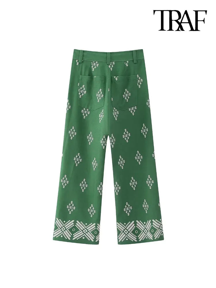 TRAF Women Fashion Embroidery Linen Straight Pants Vintage High Waist Zipper Fly Female Ankle Trousers Mujer