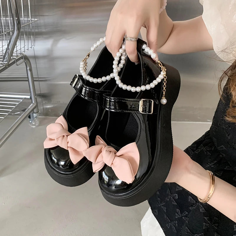 Autumn Girl Elegant Single Shoes Ribbon Bow Sweet Children Princess Shoes Fairy Kids Leather Shoe School Black Mary Janes