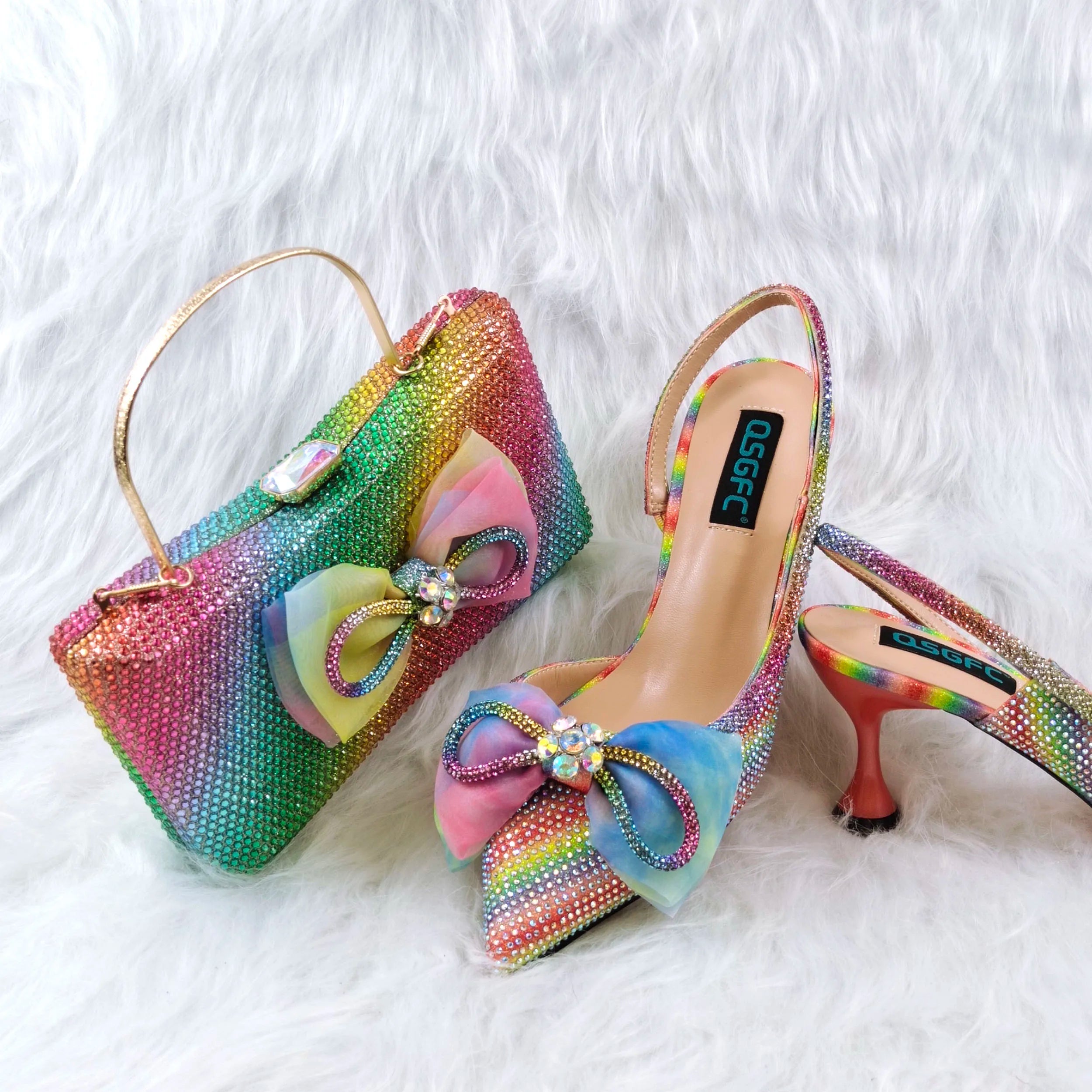Pointed Rhinestone Shallow Mouth Temperament High Heels Rainbow Color Women's Shoes And Bags