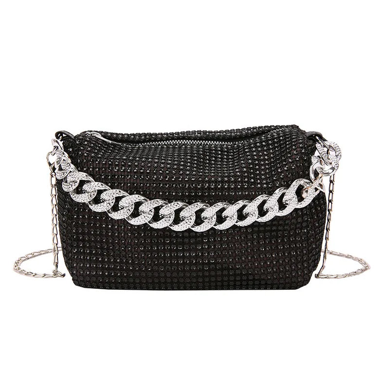1Pc Elegant Women Rhinestones Evening Clutch Handbags Fashion Shiny Dinner Party Wedding Purses Shoulder Underarm Bag for Women Black-A