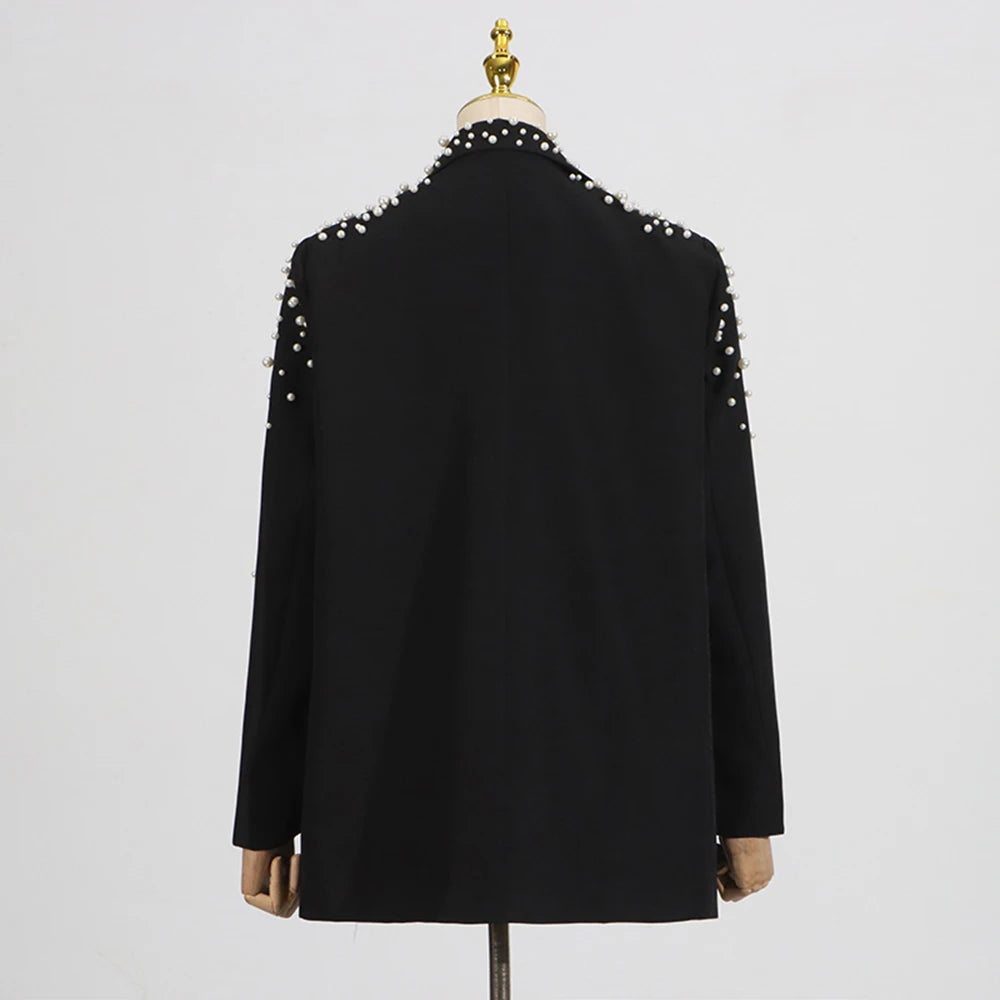 TWOTWINSTYLE Solid Loose Spliced Appliques Elegant Jackets for Women Lapel Long Sleeves Patchwork Bead Luxurious Jacket Female