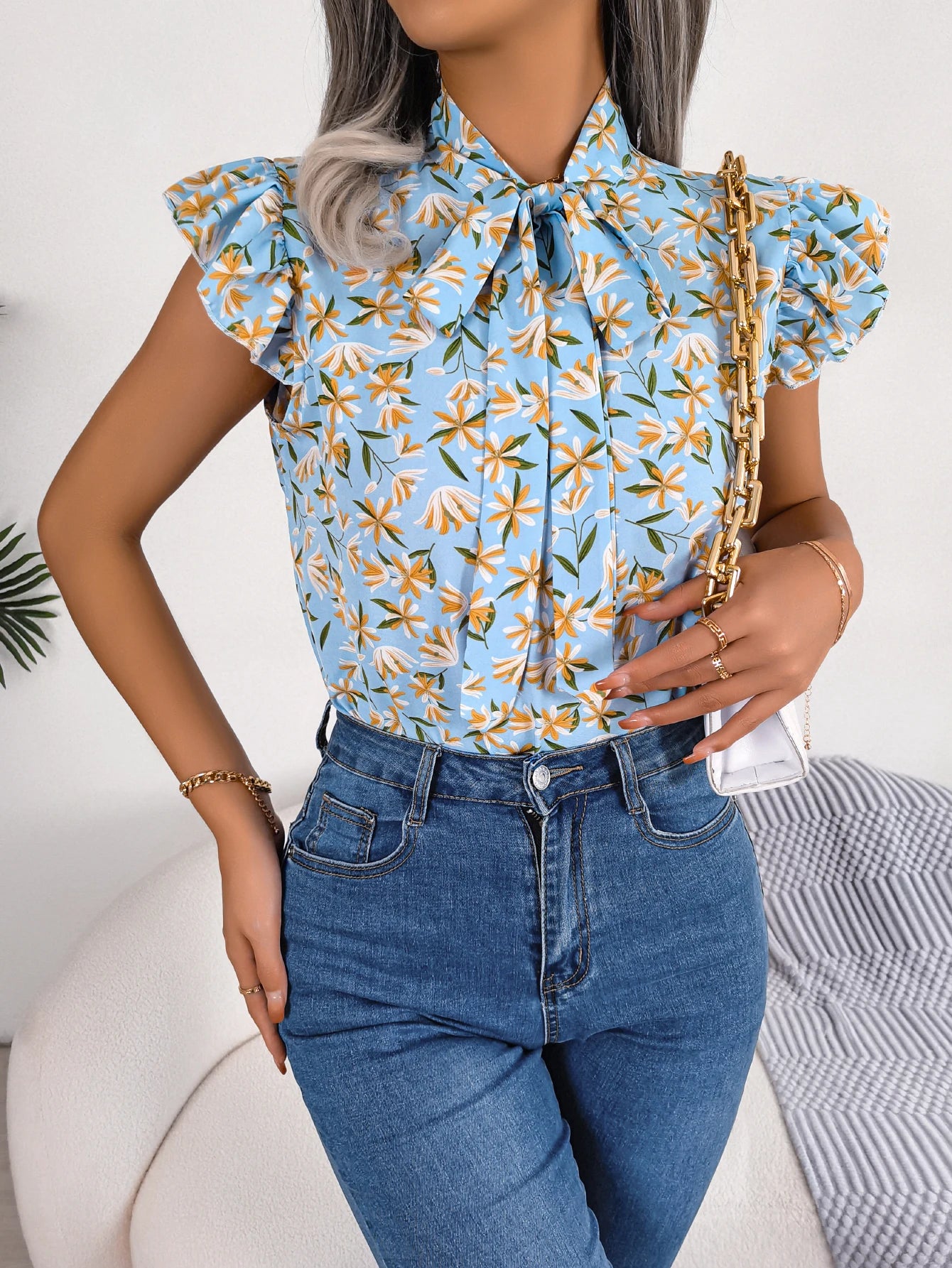 Women Casual Floral Print Bow Ruffles Chiffon Blouse Summer Top