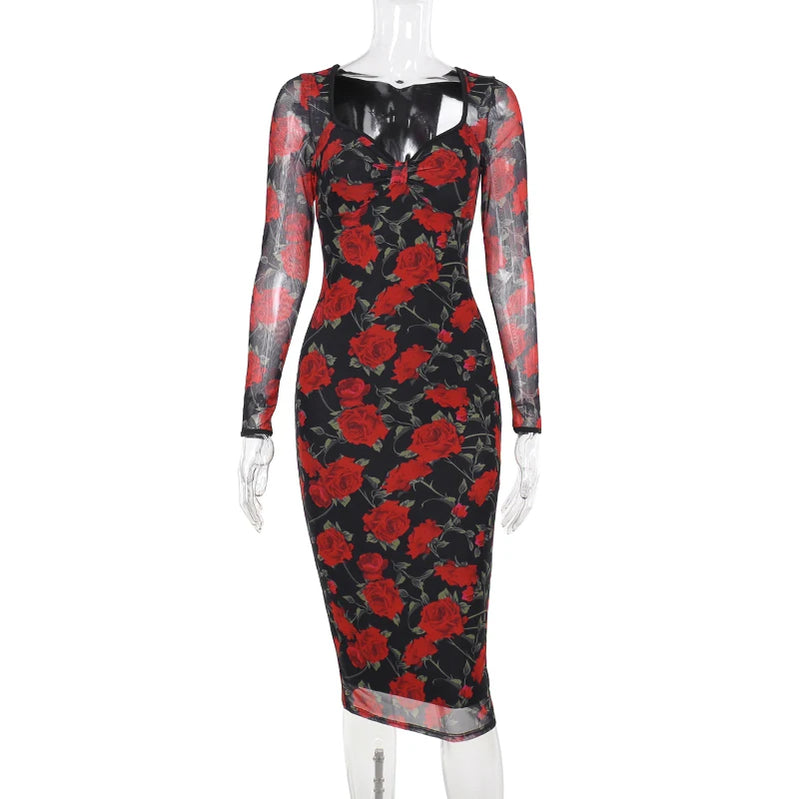 Floral Printed Mesh Long Sleev Bodycon Dresses Women V-Neck Wrap Hip Slim Midi Dress Sexy Party Vestidos Clubwear Red