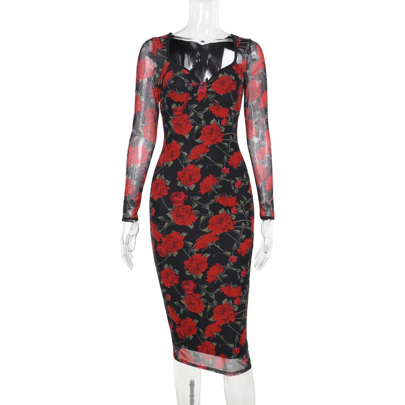 Floral Printed Mesh Long Sleev Bodycon Dresses Women V-Neck Wrap Hip Slim Midi Dress Sexy Party Vestidos Clubwear Red
