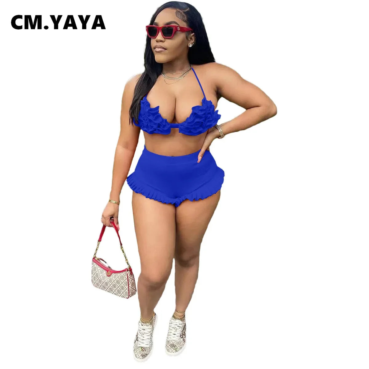 CM.YAYA Women's Set Ruffles Crop Top Bra and Shorts Bikini Set Streetwear Casual Two 2 Piece Outfits Summer 2024 Beach Holiday