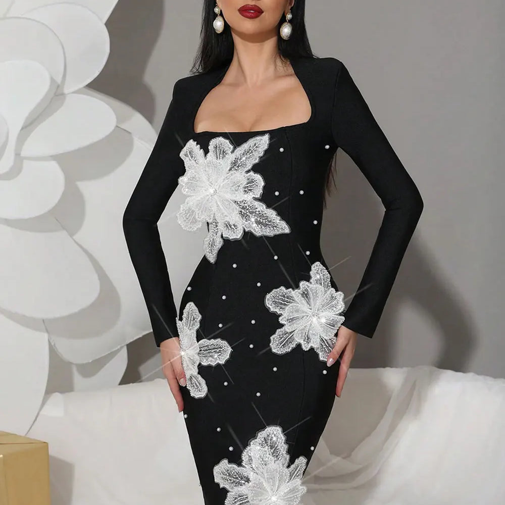 2025 Women's Light Luxury 3D Flower Design Bandage Dress Square Neck Long Sleeve Bodycon Flute Dress Evening Club Party Vestidos