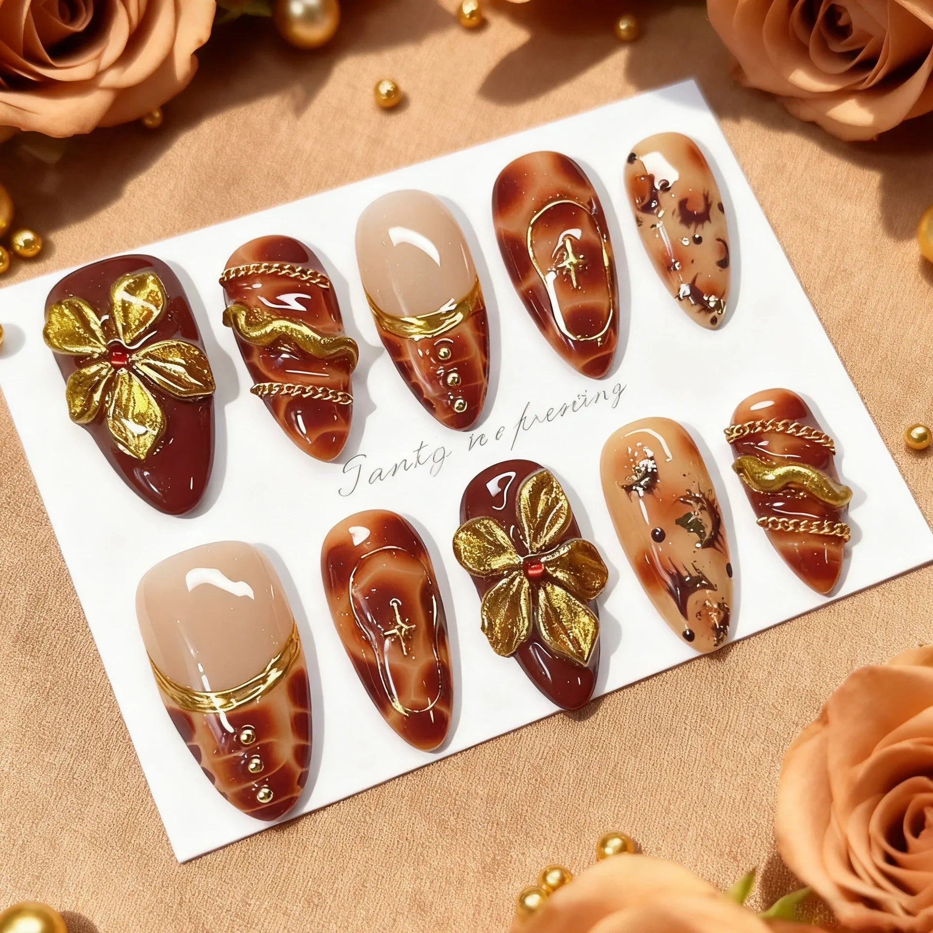 24Pcs Gilded 3D Flower Press on Nails Black French Leopard Print False Nails Mid-length Almond Wearable Full Cover Fake Nail Tip