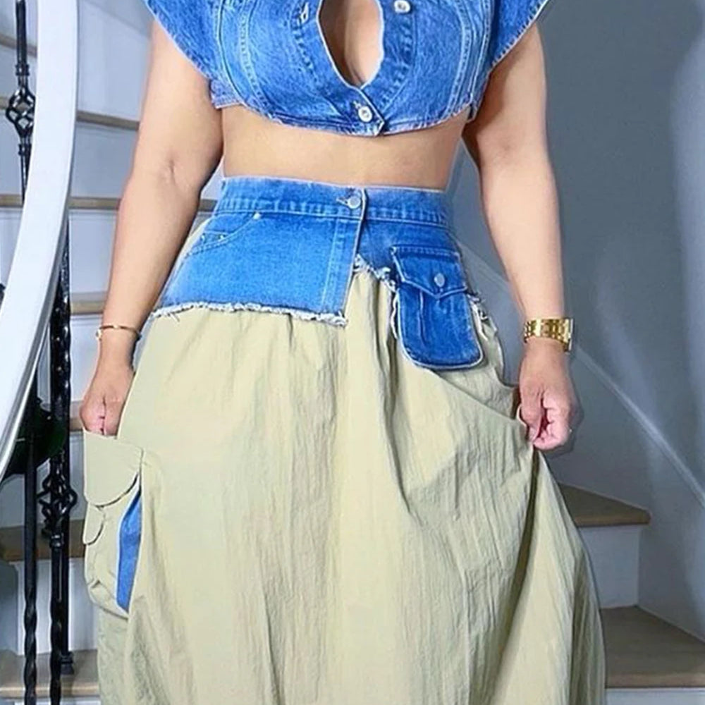 Plus Size Daily Green Shirt Collar Waistcoat Contrast Pocket Denim Two Piece Skirt Sets