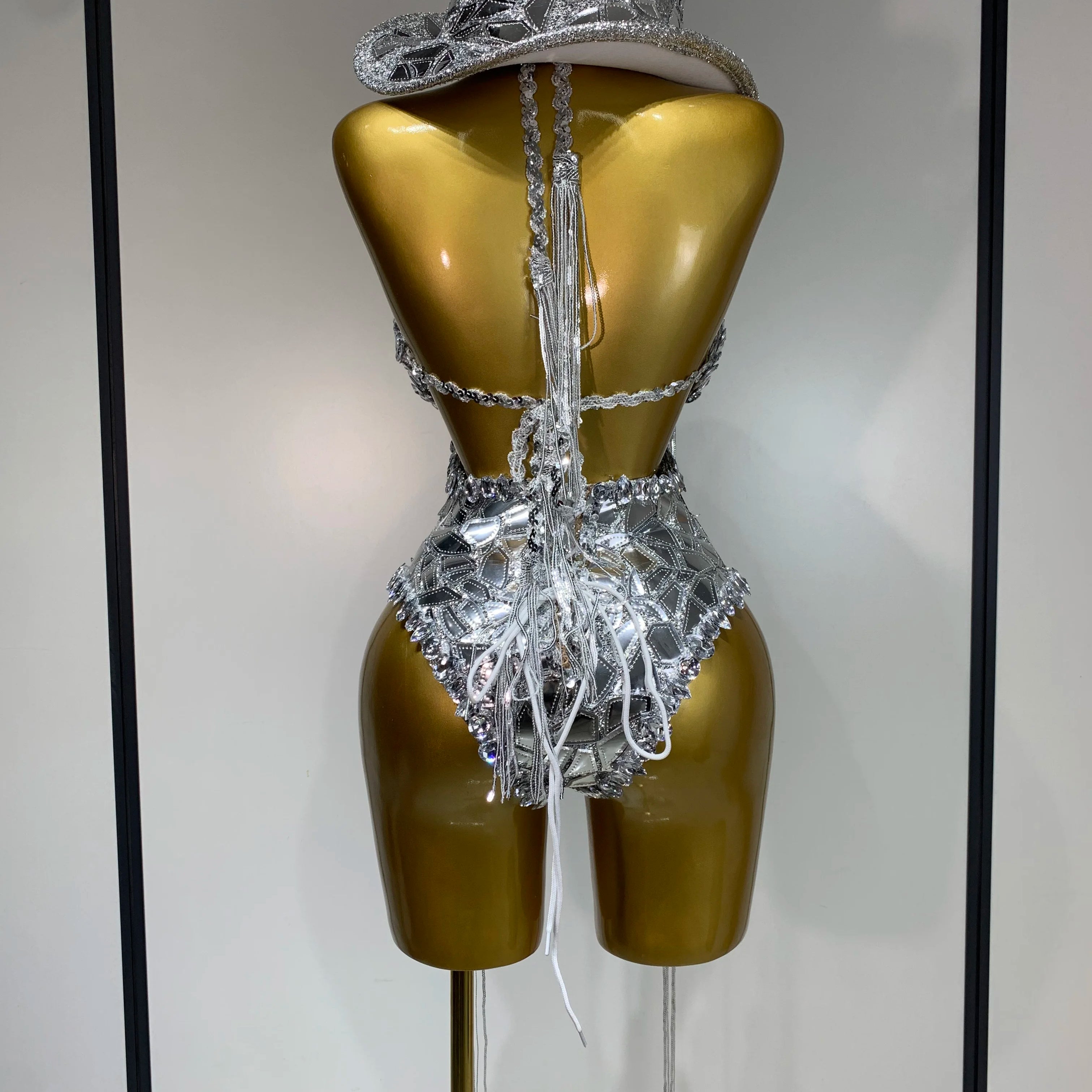 Sprakly Silver Bodysuit Sexy Two Pieces Outfit Dancer Birthday Evening Party Celebrate Performance Singer Stage Perform Outfit