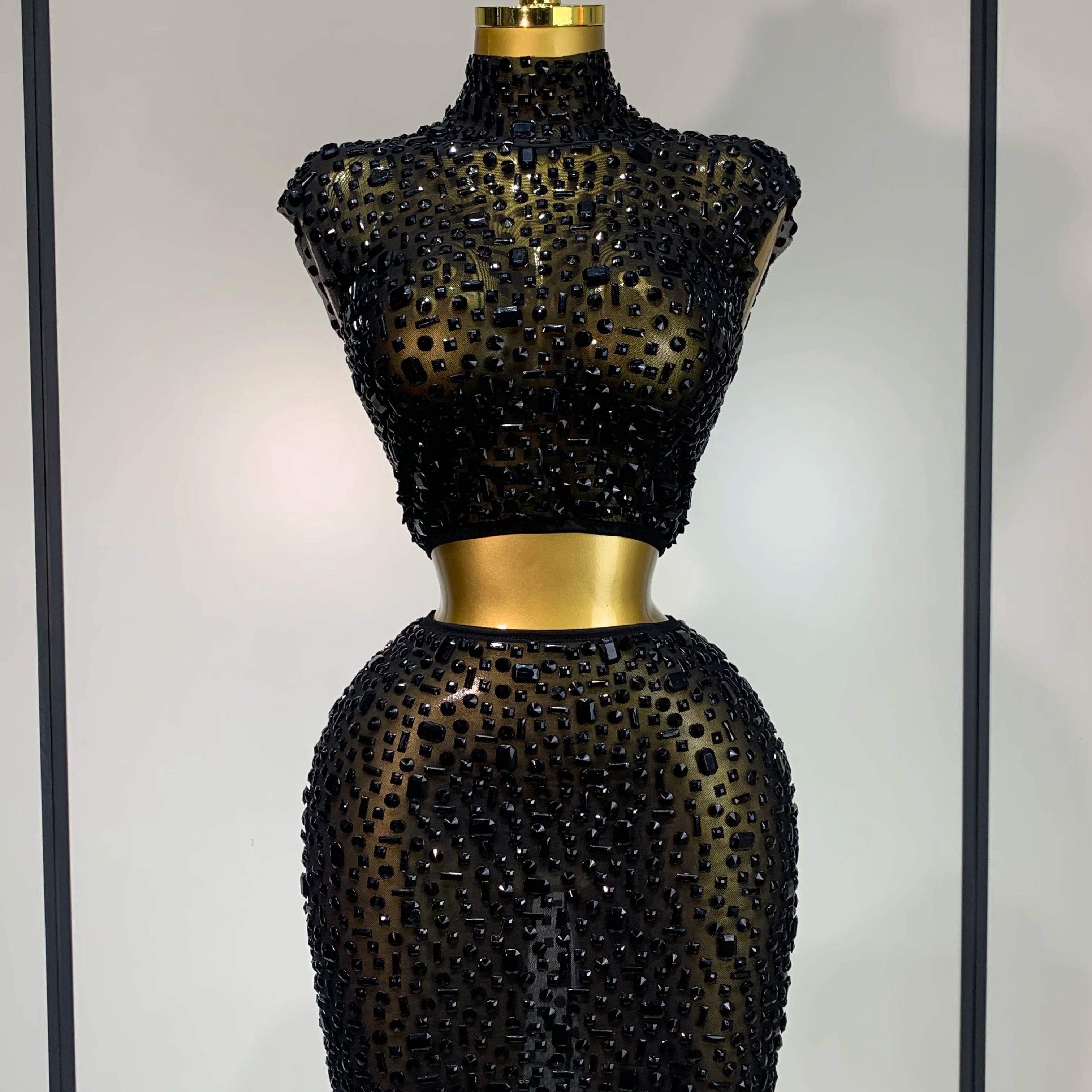 Luxury Rhinestone Mesh See Through Celebrate Birthday Dress Sparkly Top Short Skirt Two Pieces Sets Performance Stage Costume