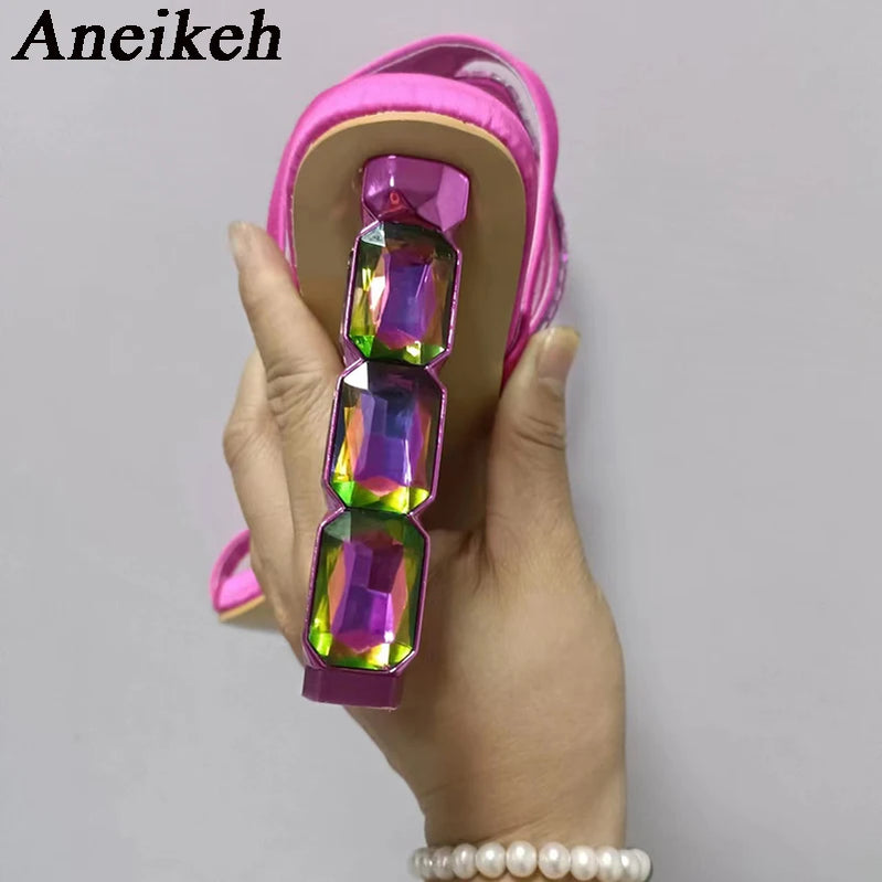 Sexy Sparkly Stacked Crystal Heel Sandals Woman Summer Thin Embellished Ankle Straps High Heel Shoe for Women Pumps