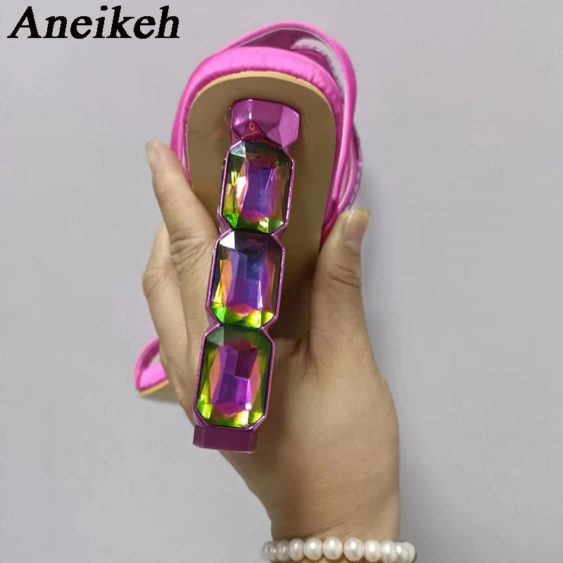 Sexy Sparkly Stacked Crystal Heel Sandals Woman Summer Thin Embellished Ankle Straps High Heel Shoe for Women Pumps