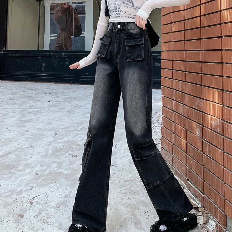 Autumn Winter New Straight Tube Cargo Jeans Woman American Retro High Waist Pants Ladies Multipocket Y2k Baggy Jeans Women's