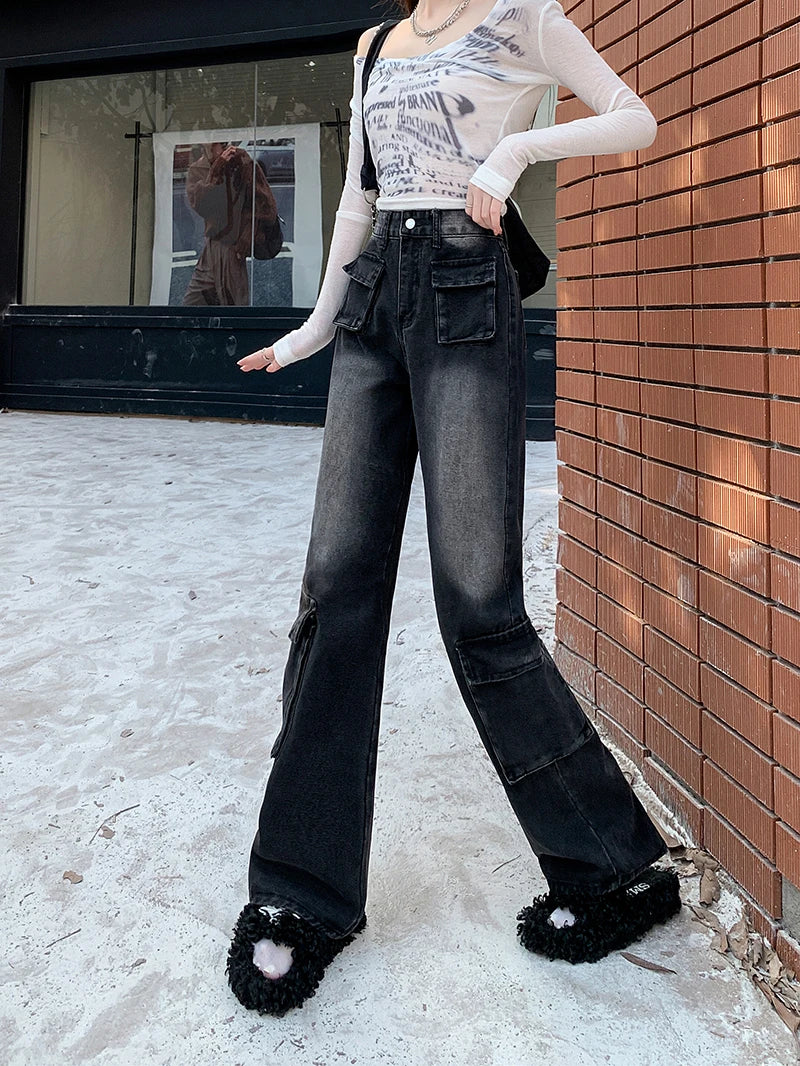 Autumn Winter New Straight Tube Cargo Jeans Woman American Retro High Waist Pants Ladies Multipocket Y2k Baggy Jeans Women's