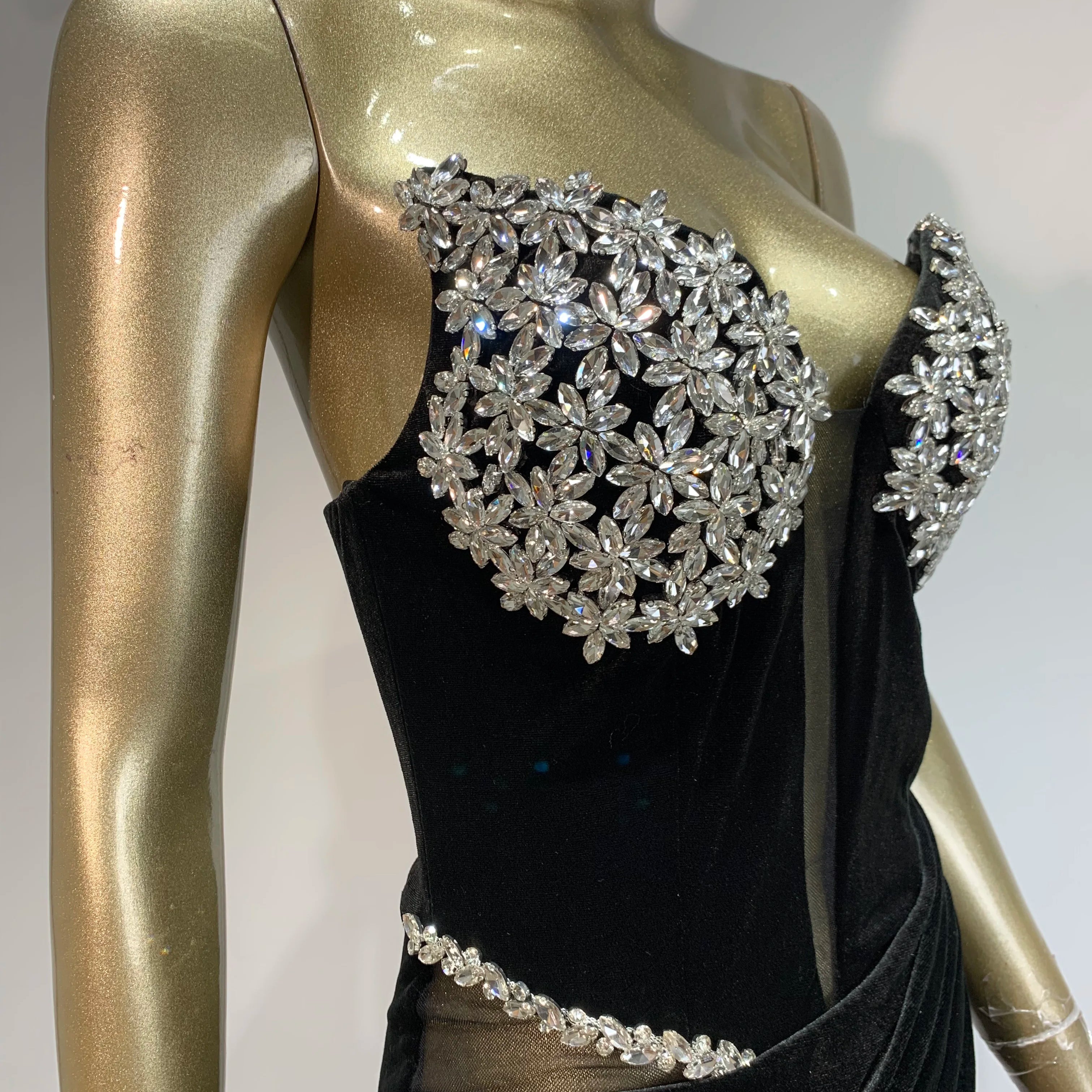 Sexy Strapless Backless Split Diamonds Black Velvet Maxi Long Women Celebrity Dress 2024 Elegant Party Evening Club Vestido