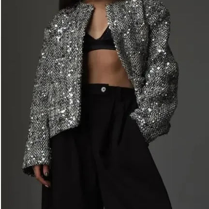 Fashion Gold Sequin O-neck Women Short Jacket Covered Button Long Sleeve Loose Elegant Coat Autumn farty Casual Lady Streetwears SILVER COAT