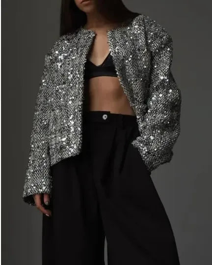 Fashion Gold Sequin O-neck Women Short Jacket Covered Button Long Sleeve Loose Elegant Coat Autumn farty Casual Lady Streetwears SILVER COAT